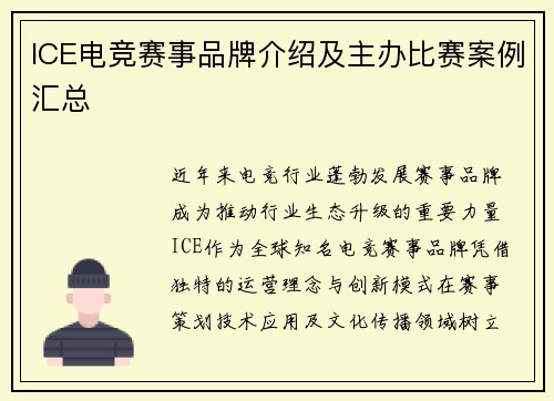ICE电竞赛事品牌介绍及主办比赛案例汇总